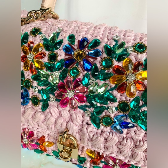 DOLCE & GABBANA MISS DOLCE PINK RAFFIA CRYSTAL LEATHER HANDBAG - Picture 4 of 14